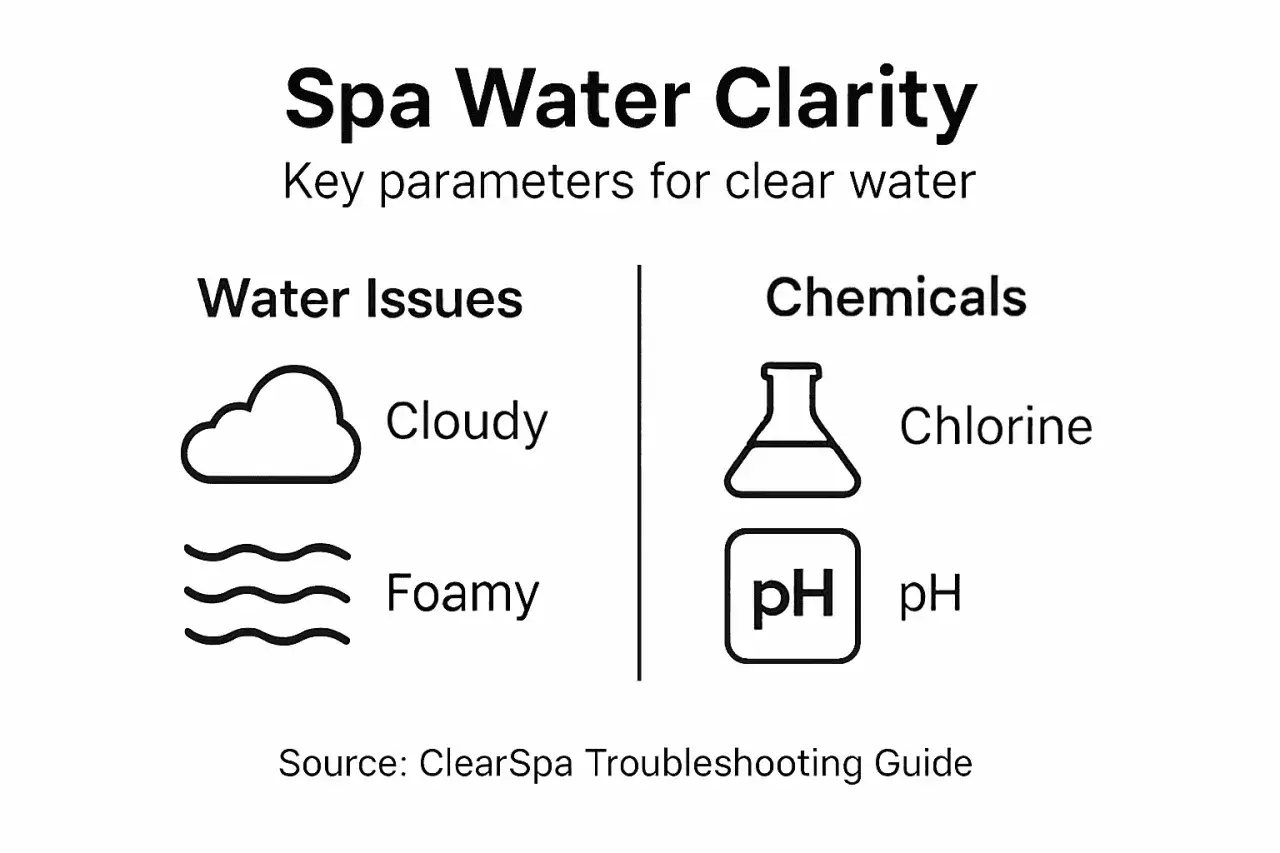 Clart&eacute; de l'eau de spa : probl&egrave;mes (eau trouble, &eacute;cume) et produits chimiques (chlore, pH).