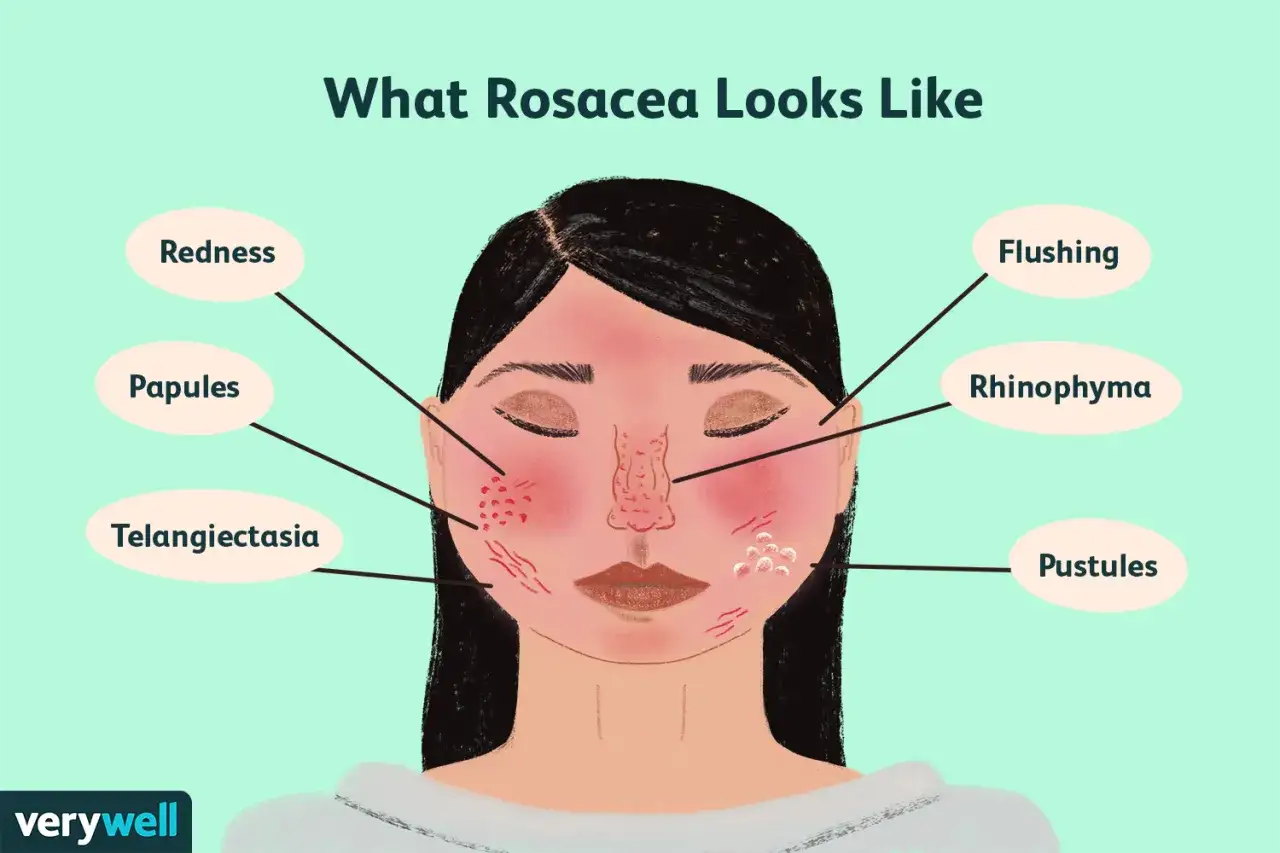 Visuel illustrant la rosacée papulo-pustuleuse : rougeurs, papules, télangiectasies, pustules, nez boursouflé.