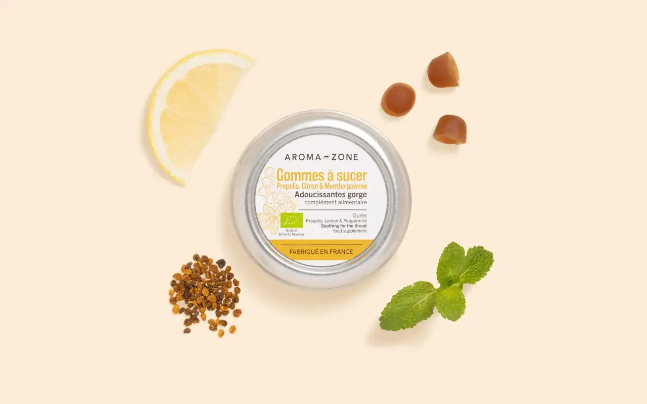 Gommes à sucer Aroma-Zone : un remède miracle contre l'extinction de voix. Propolis, citron et menthe pour apaiser la gorge.