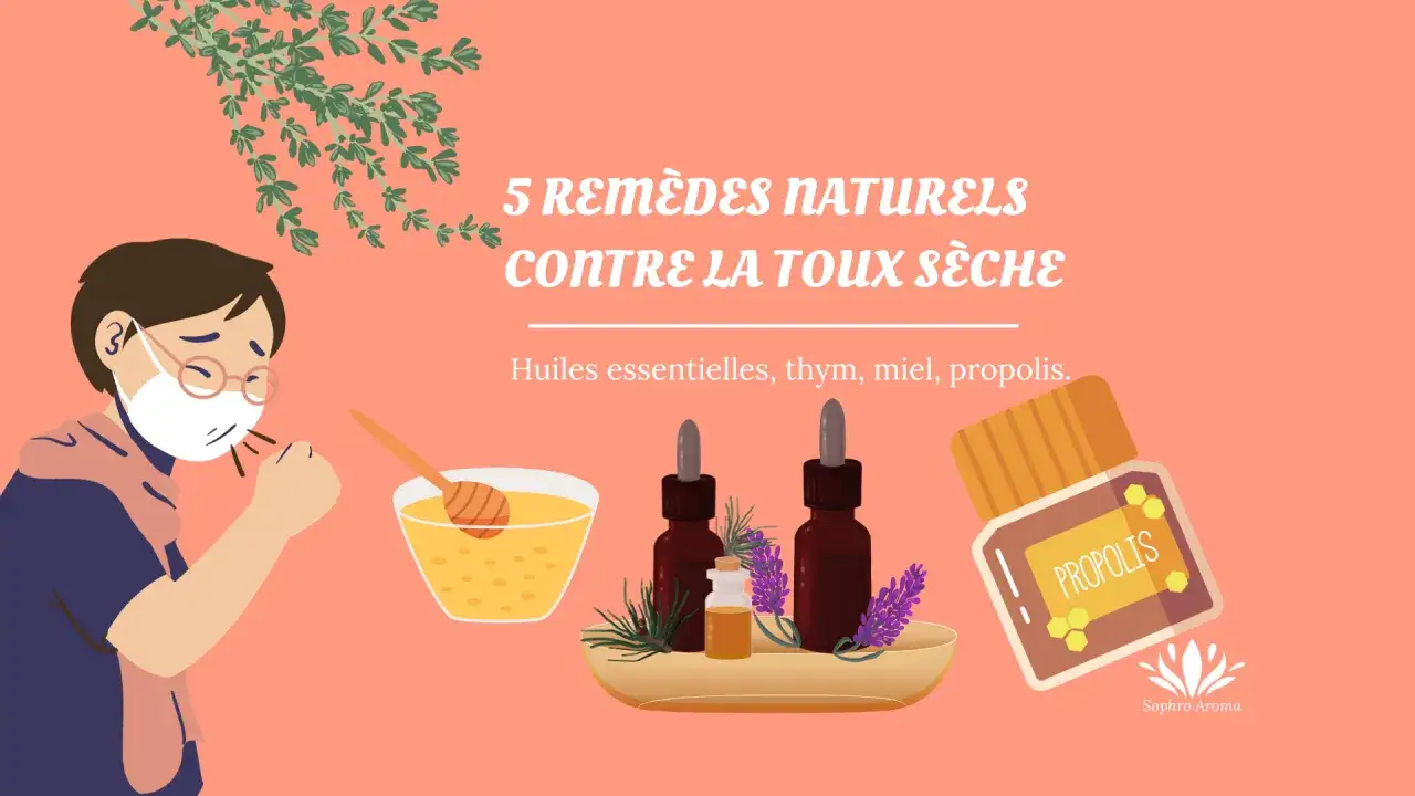 Rem&egrave;des naturels pour la toux s&egrave;che : huiles essentielles, thym, miel, propolis. Un personnage tousse, masqu&eacute;.