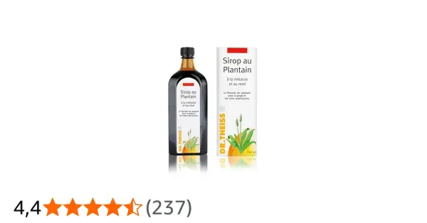 Sirop au plantain Dr. Theiss, mettant en avant les plantain bienfaits pour la gorge et les voies respiratoires. Flacon et boîte présentés.